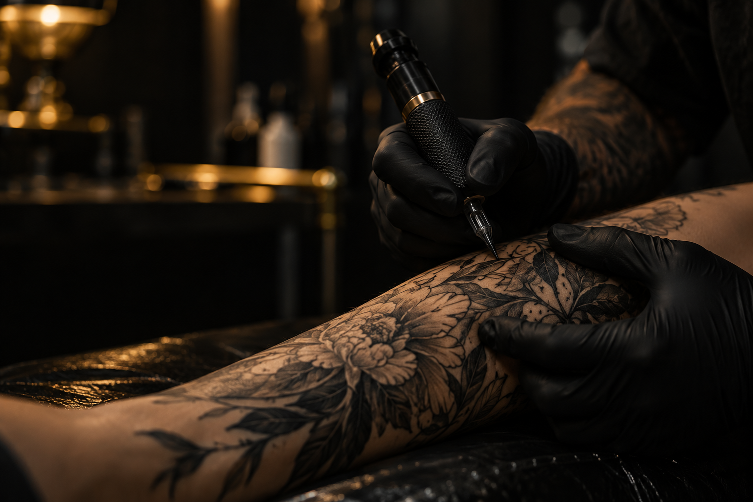 Photographic illustration of a tattoo artist at work in a dark studio